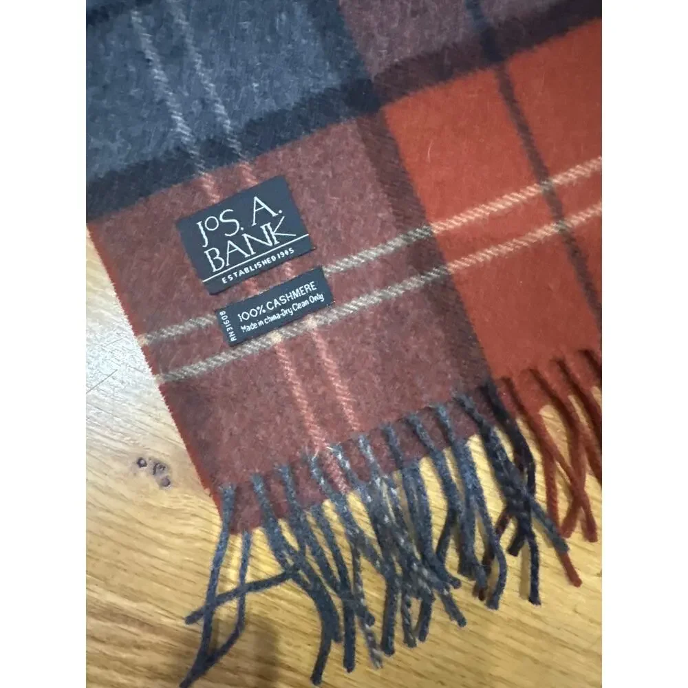 Jos. A Bank Cashmere Fringe Scarf Soft and Luxurious Rust Gray Tan Preppy 59x12